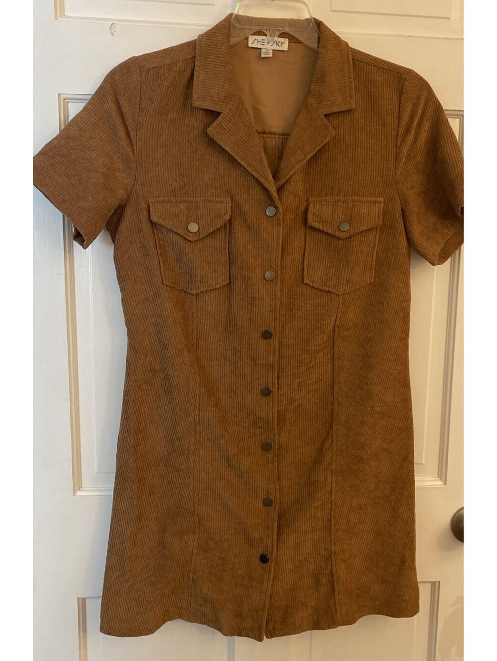 Western 90’s SheSky Corduroy Shirt Dress Brown Snap Front Utility Mini Med